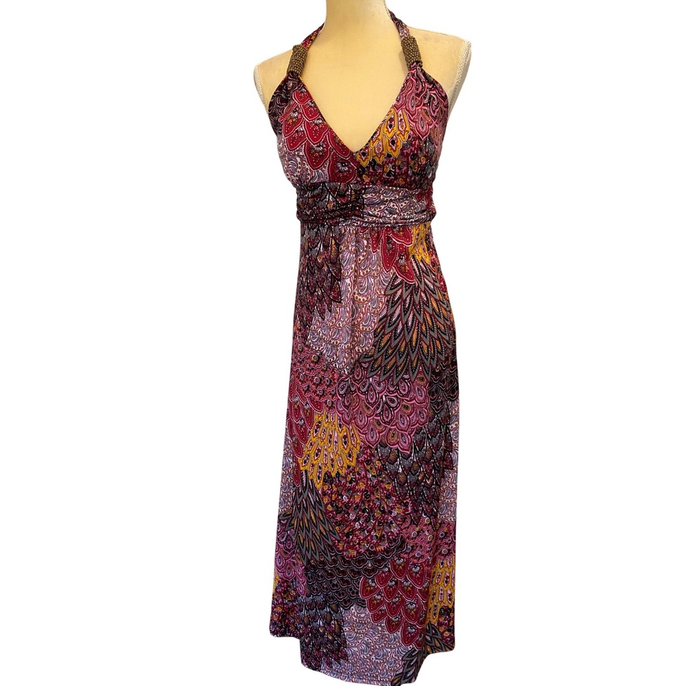 Try Me Once Love Me Forever Womens Pink Peacock Paisley Halter Maxi Dress Size M